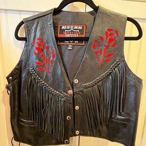 Interstate Leather Black Fringe Vest with Red Rose Applique